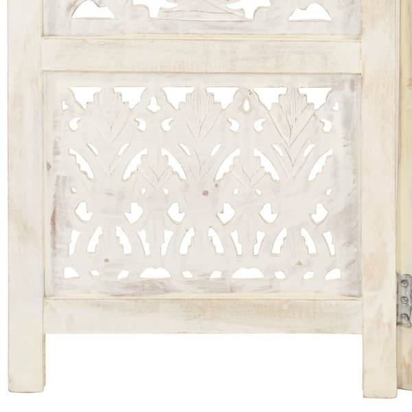 5-panels rumdeler håndskåret 200x165 cm massivt mangotræ hvid