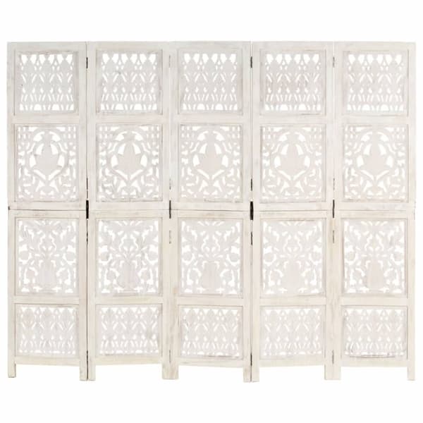 5-panels rumdeler håndskåret 200x165 cm massivt mangotræ hvid