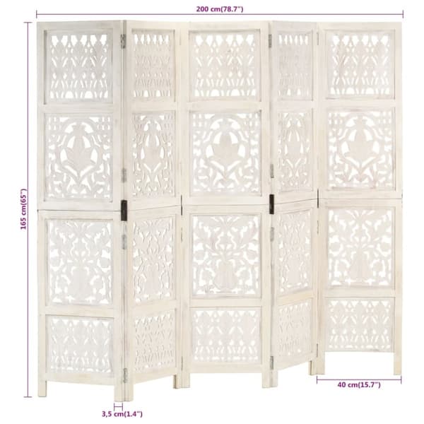 5-panels rumdeler håndskåret 200x165 cm massivt mangotræ hvid
