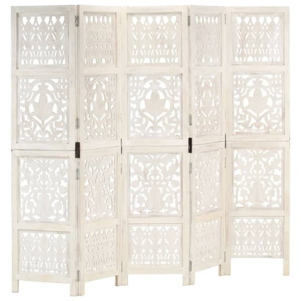 5-panels rumdeler håndskåret 200x165 cm massivt mangotræ hvid