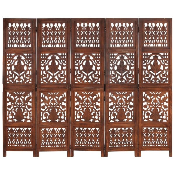 5-panels rumdeler håndskåret 200 x 165 cm massivt mangotræ brun