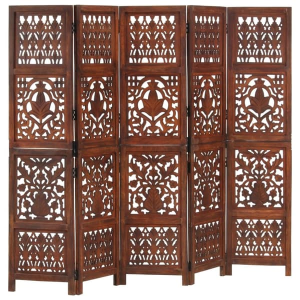 5-panels rumdeler håndskåret 200 x 165 cm massivt mangotræ brun
