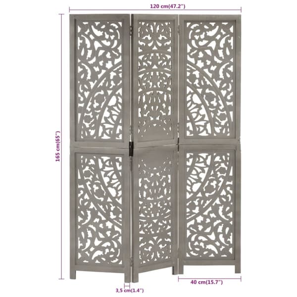 3-panels rumdeler håndskåret 120 x 165 cm massivt mangotræ grå