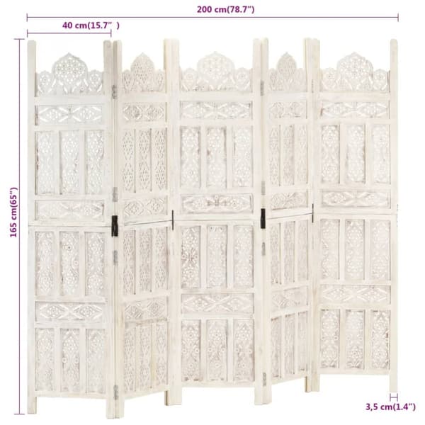 vidaXL 5-panels rumdeler håndskåret 200 x 165 cm massivt mangotræ hvid - Rumdelere