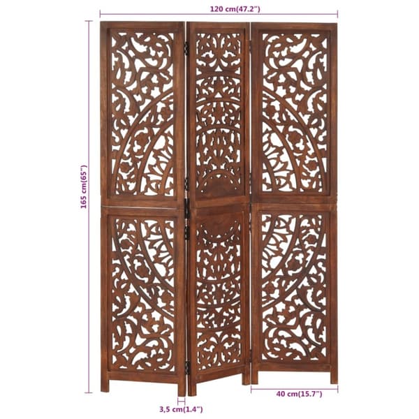 vidaXL Rumsavdelare 3 paneler handsnidad brun 120x165 cm mangoträ -  Rumsavdelare