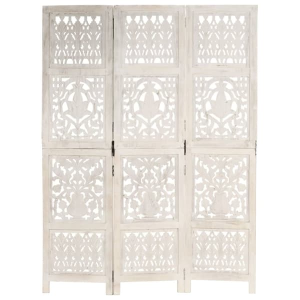 The Living Store 3-panels rumdeler håndskåret 120 x 165 cm massivt mangotræ hvid - Rumdelere