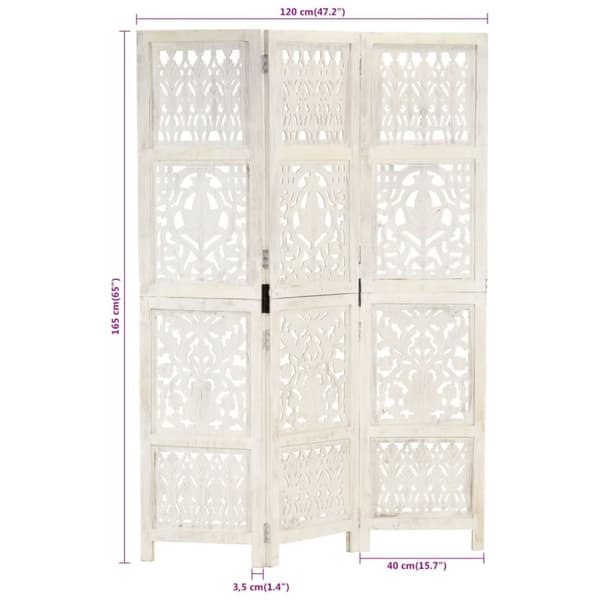 The Living Store 3-panels rumdeler håndskåret 120 x 165 cm massivt mangotræ hvid -  Rumdelere