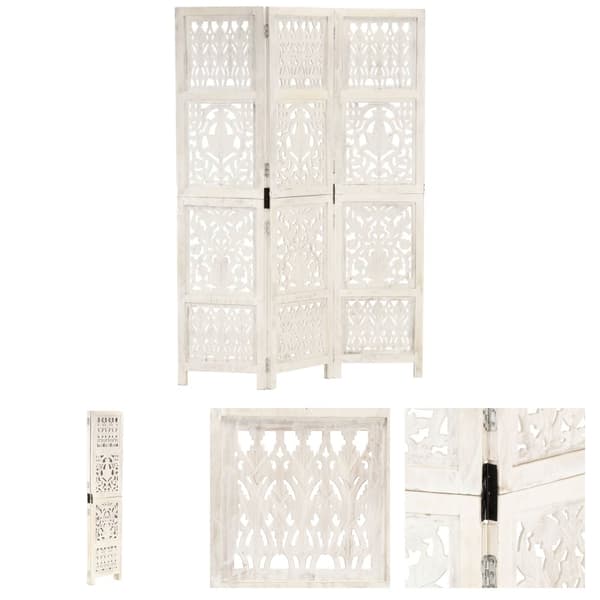 The Living Store 3-panels rumdeler håndskåret 120 x 165 cm massivt mangotræ hvid -  Rumdelere