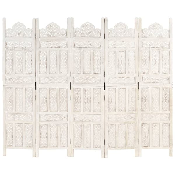 The Living Store 5-panels rumdeler håndskåret 200 x 165 cm massivt mangotræ hvid -  Rumdelere