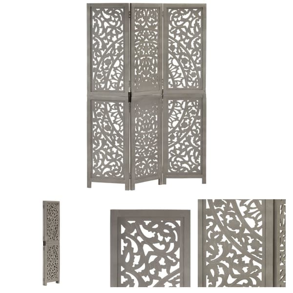 The Living Store 3-panels rumdeler håndskåret 120 x 165 cm massivt mangotræ grå -  Rumdelere
