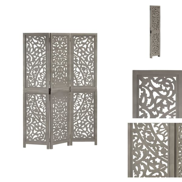 Rumdelere - Living 3-panels rumdeler håndskåret 120 x 165 cm massivt mangotræ grå