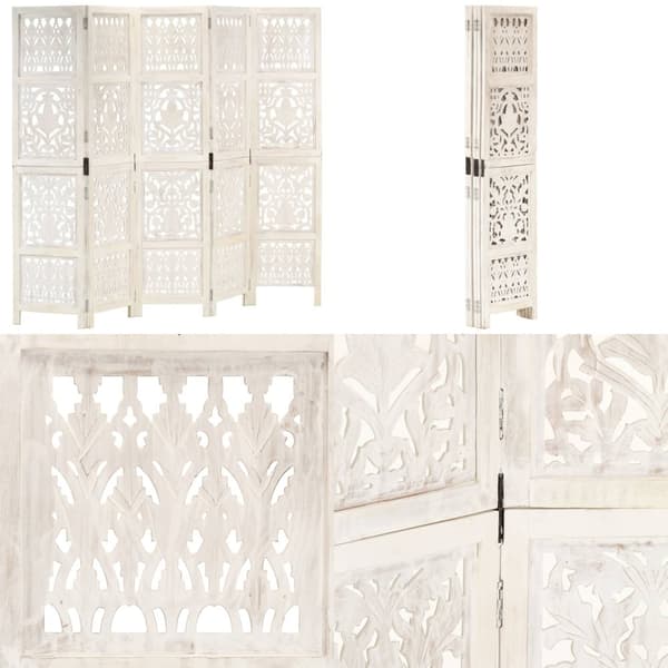 5-panels rumdeler håndskåret 200x165 cm massivt mangotræ hvid - Rumdeler - Rumdelere - Home & Living