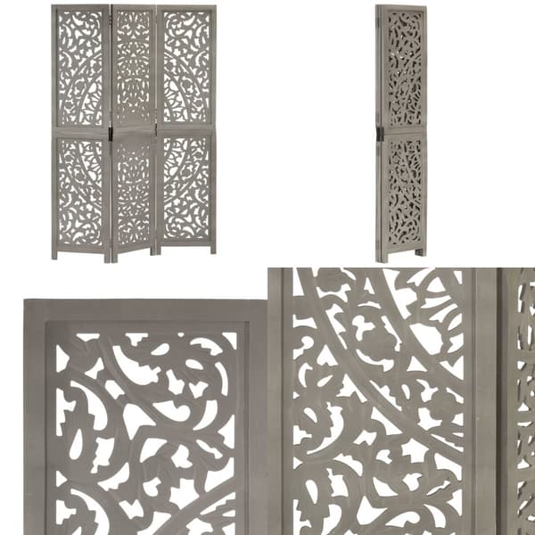 3-panels rumdeler håndskåret 120 x 165 cm massivt mangotræ grå - Rumdeler - Rumdelere - Home & Living