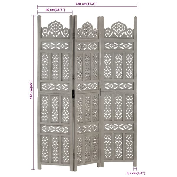 3-panels rumdeler håndskåret 120 x 165 cm massivt mangotræ grå