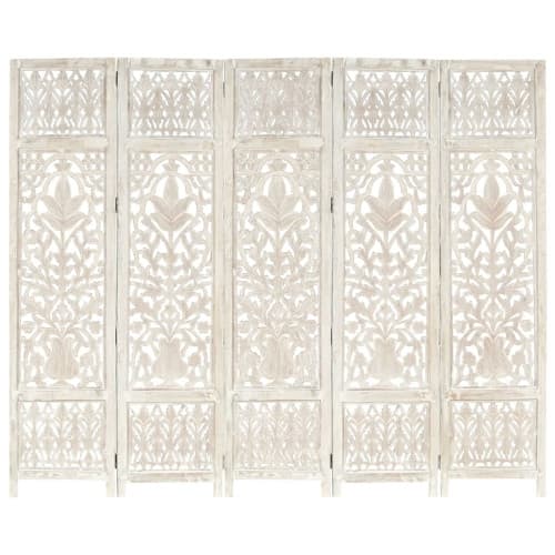Rumsavdelare 5 paneler handsnidad vit 200x165 cm mangoträ