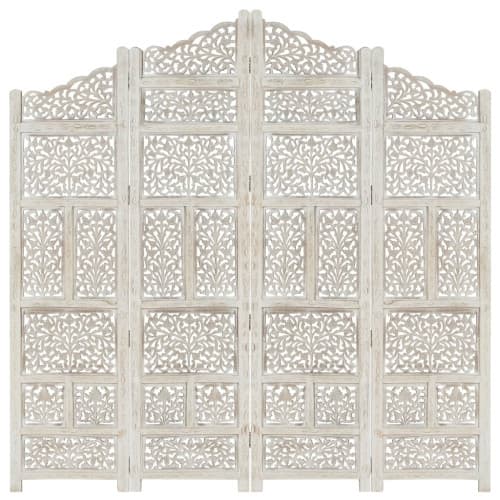 Rumsavdelare 4 paneler handsnidad vit 160x165 cm mangoträ