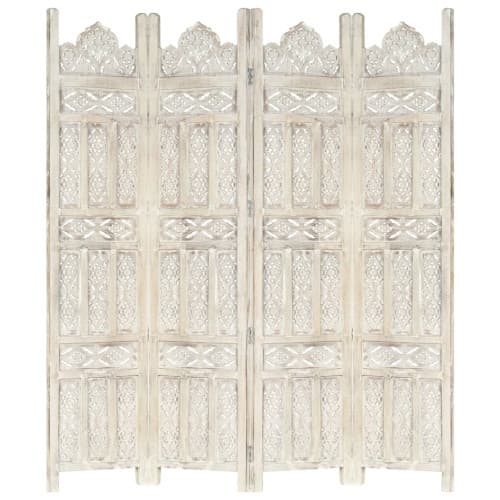 Rumsavdelare 4 paneler handsnidad vit 160x165 cm mangoträ