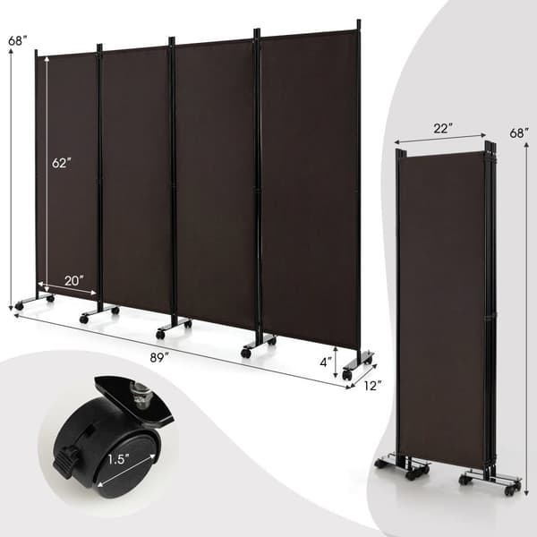 Rumsdeler, 4-panel foldbar rumsdeler 6 fod rullende privatlivsskærm med låsbare hjul, 89x12x68 tommer, Brun