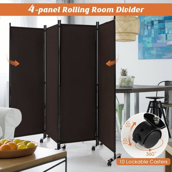 Rumsdeler, 4-panel foldbar rumsdeler 6 fod rullende privatlivsskærm med låsbare hjul, 89x12x68 tommer, Brun
