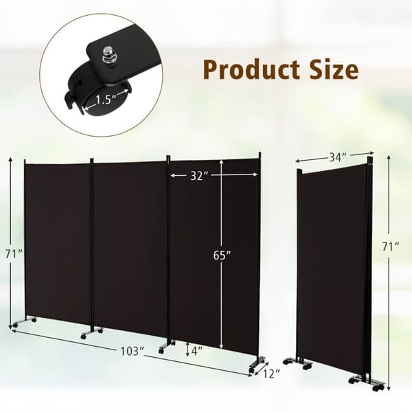 Rumsdeler, 3-panel foldbar rumsdeler med låsbare hjul, 103x12x71 tommer, Brun