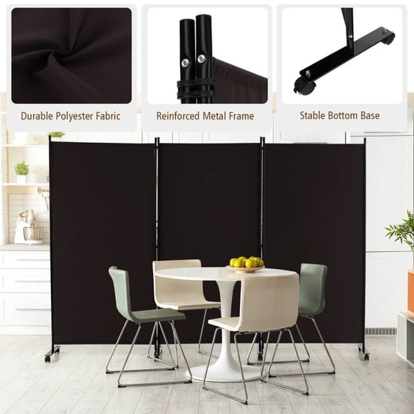 Rumsdeler, 3-panel foldbar rumsdeler med låsbare hjul, 103x12x71 tommer, Brun