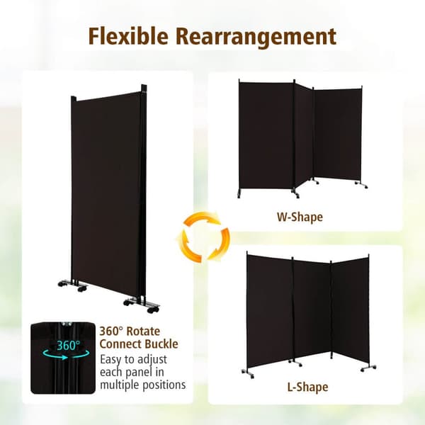 Rumsdeler, 3-panel foldbar rumsdeler med låsbare hjul, 103x12x71 tommer, Brun