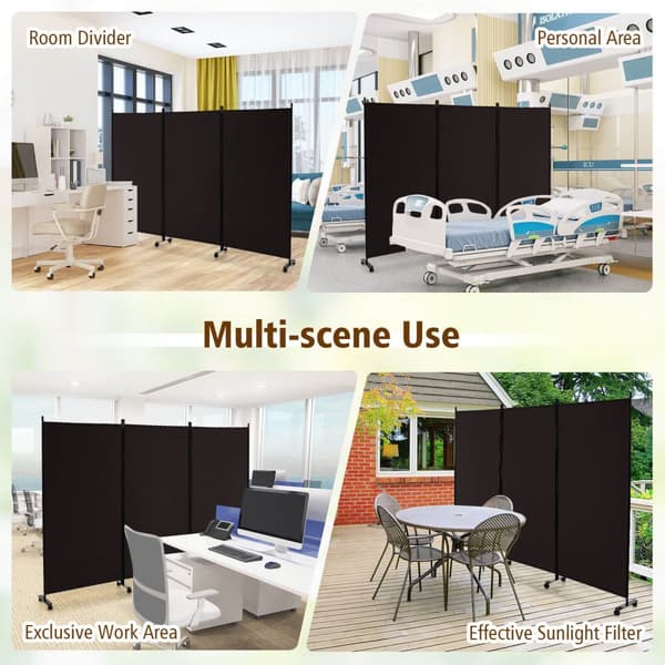 Rumsdeler, 3-panel foldbar rumsdeler med låsbare hjul, 103x12x71 tommer, Brun