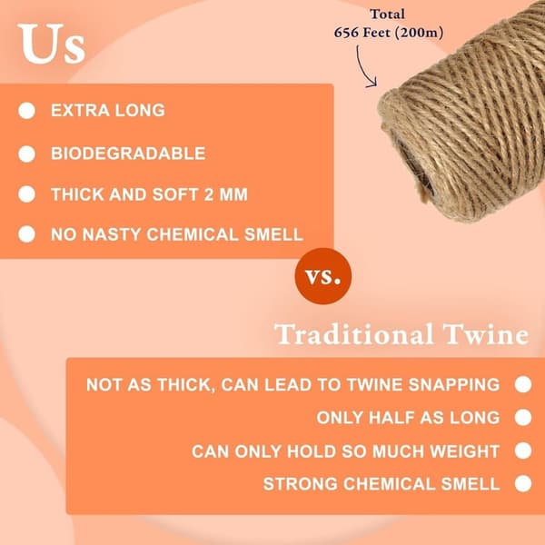OBOSOE Juutte Twine - Hemp Twine String, Heavy Duty, Pakkausmateriaalit, Kodin sisustus, Puutarhanhoito | 2 Pack, 100m/pack, 2mm Paksu