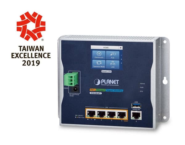Planet IP30 industriel gigabit vægmonteret router, 4-port PoE+ 802.3at, LCD-berøringsskærm, 120W PoE Budget, dobbelt 48-56VDC strøm, WGR-500-4PV
