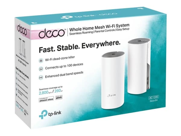 TP-Link Deco E4 - Wi-Fi-system (2 routere) - op til 2800 sq.ft - mesh - 802.11a/b/g/n/ac - Dual Band - (Understøtter max. 100 mbps)