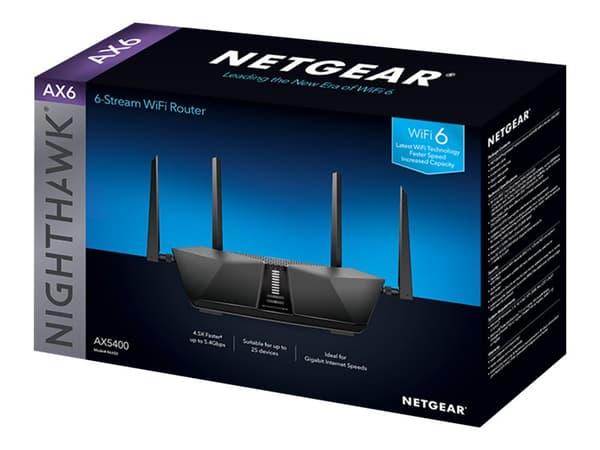 NETGEAR Nighthawk RAX50 - Trådløs ruter 4-portssvitsj - 1GbE - Wi-Fi 6 - Dobbeltbånd Sort