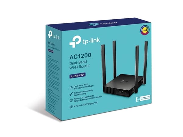 TP-Link Archer C54, Wi-Fi 5 (802.11ac), Dobbelbånd (2.4 GHz / 5 GHz), Ethernet/bredbåndsforbindelse, Sort, Frittstående router