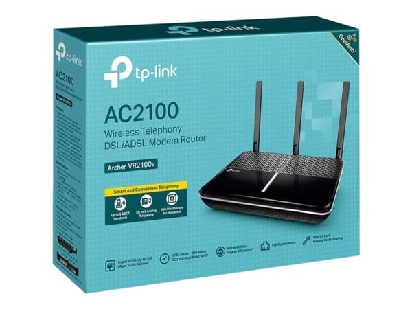 TP-Link Archer VR2100v V1 - Trådlös router - DSL-modem 4-ports-switch - 1GbE - WAN-portar: 2 - Wi-Fi 5 - Dubbelband - VoIP-telefonadapter (DECT)