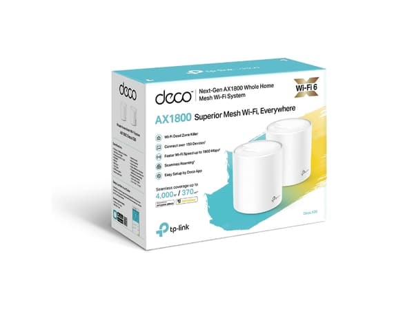 TP-Link Deco X20 (2-pack), Hvit, Innvendig lys, Mesh system, Kraft indikator, FCC: <30 dBm, CE: <20 dBm (2.4 GHz), <23 dBm (5 GHz), Dobbelbånd (2.4 G