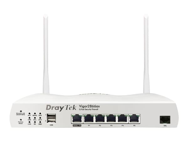 Draytek Vigor 2866AX: Gfast Modem-Firewall, Wi-Fi 6 (802.11ax), Kaksitaajuus (2,4 GHz/5 GHz), Ethernet LAN, Harmaa, Pöytäreititin