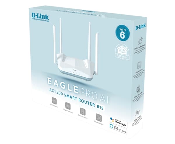 D-Link R15, Wi-Fi 6 (802.11ax), Dual-band (2,4 GHz / 5 GHz), Nätverksansluten (Ethernet), Vit, Bordsrouter