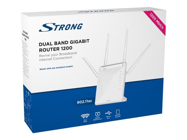 Strong Dual Band Gigabit Router 1200 - Trådløs ruter - 4-portssvitsj - 1GbE - Wi-Fi 5 - Dobbeltbånd Hvit