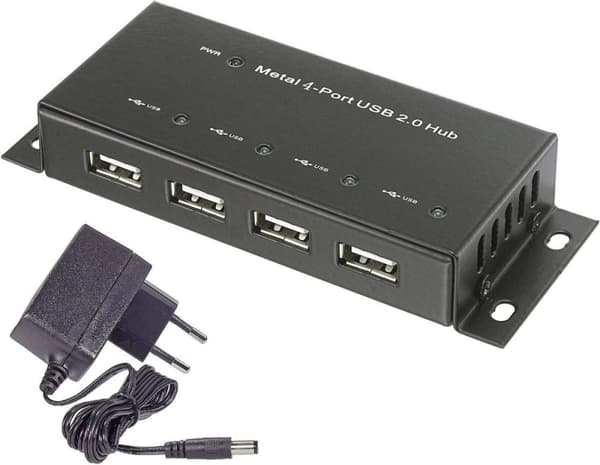 Renkforce 4 portar USB 2.0 hubb Med metallhölje, För väggmontage Svart