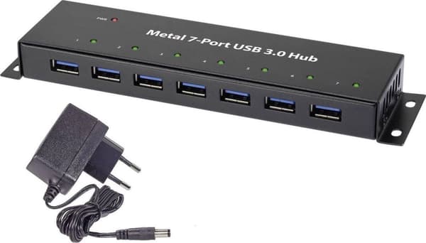Renkforce 7 porte USB 3.2 Gen 1 hub Til vægmontering, Med metalhus Sort