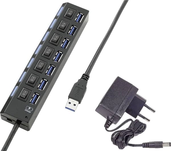 USB 3.2 Gen 1 Hub 7 portar Individuellt omkopplingsbar, Med statuslysdioder, Med iPad-laddningsport Svart