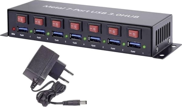 Renkforce 7 porte USB 3.2 Gen 1 hub Med metalhus, individuelt omskiftelig, Til vægmontering Sort