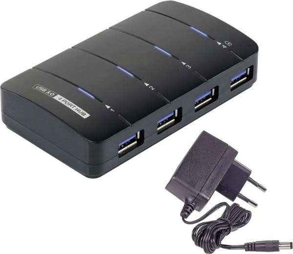 Renkforce Renkforce 4 porte USB 3.2 Gen 1 hub Med hurtigopladningsport, Med status LED'er Sort