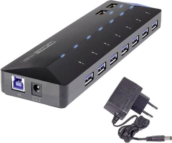 Renkforce 7 + 2 porte USB 3.2 Gen 1 hub Med hurtigopladningsport, Med status LED'er Sort