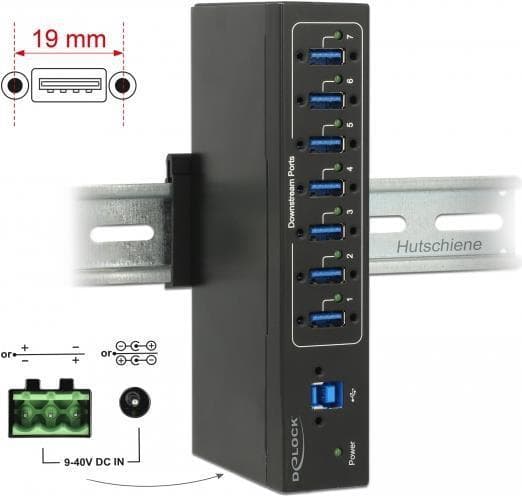 DeLock External Industry Hub 7 x USB 3.0 Typ-A med 15 kV ESD-skydd - Hub - 7 x SuperSpeed USB 3.0 - väggmonterbar - likström