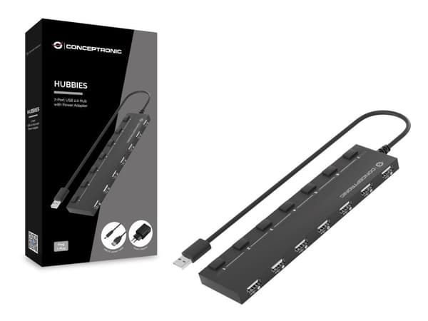 Conceptronic HUBBIES 7-ports USB 2.0 hub med strømforsyning - USB 2.0 - USB 2.0 - 480 Mbit/s - sort - Kina - 5 V (HUBBIES08BP)