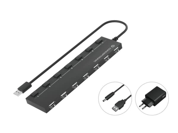 Conceptronic HUBBIES 7-ports USB 2.0 hub med strømforsyning - USB 2.0 - USB 2.0 - 480 Mbit/s - sort - Kina - 5 V (HUBBIES08BP)