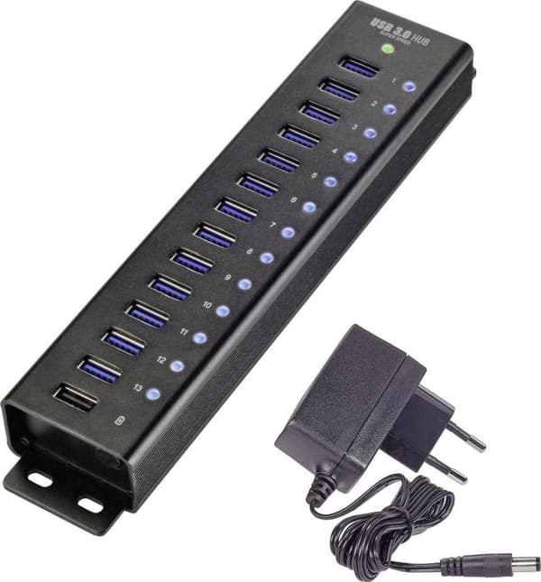 Renkforce 13 portar USB 3.2 Gen 1 hubb Med aluminiumhölje, För väggmontering, Med snabbladdningsport