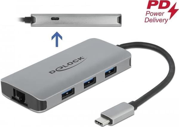 Delock USB 3.2 Gen 1 hub med 4 porte og Gigabit LAN og PD