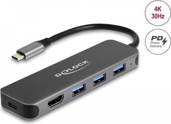 Delock 3-portars USB-hubb och 4K HDMI-utgång med USB Type-C™-anslutning och PD 85 Watt (64171)