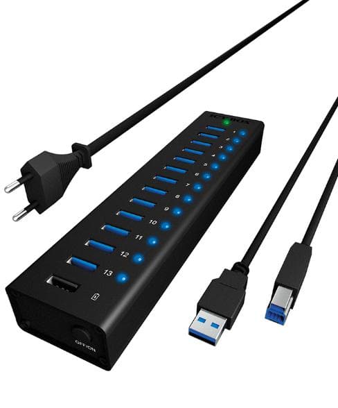Icy 11611 Box IB-AC6113 13-portars USB 3-hubb med 12 V / 5 A strömadapter, aluminiumhölje och USB-laddningsport, svart